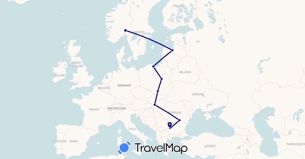 TravelMap itinerary: driving in Bulgaria, Hungary, Latvia, Norway, Poland, Romania (Europe)
